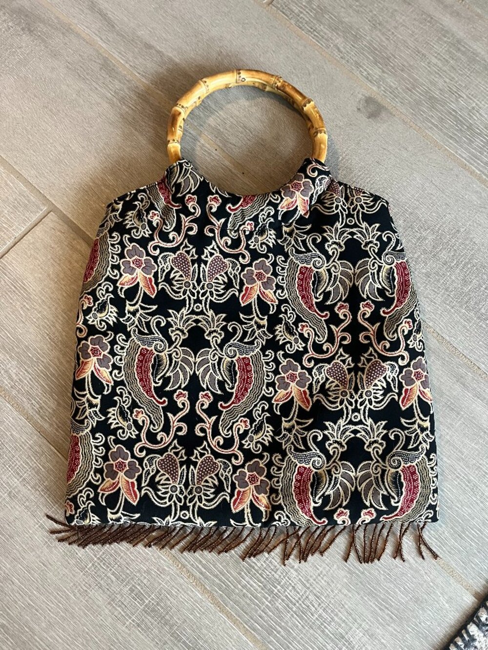 Bamboo Handle Floral Fringe Handbag